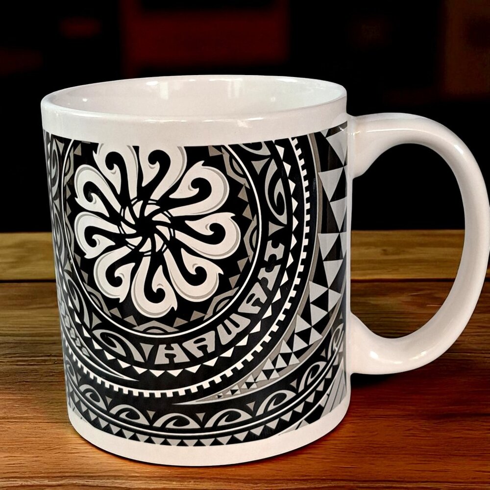 Tribal Fish Hooks Mug Coffee Cup Polynesian Hawaii Natural Stoneware